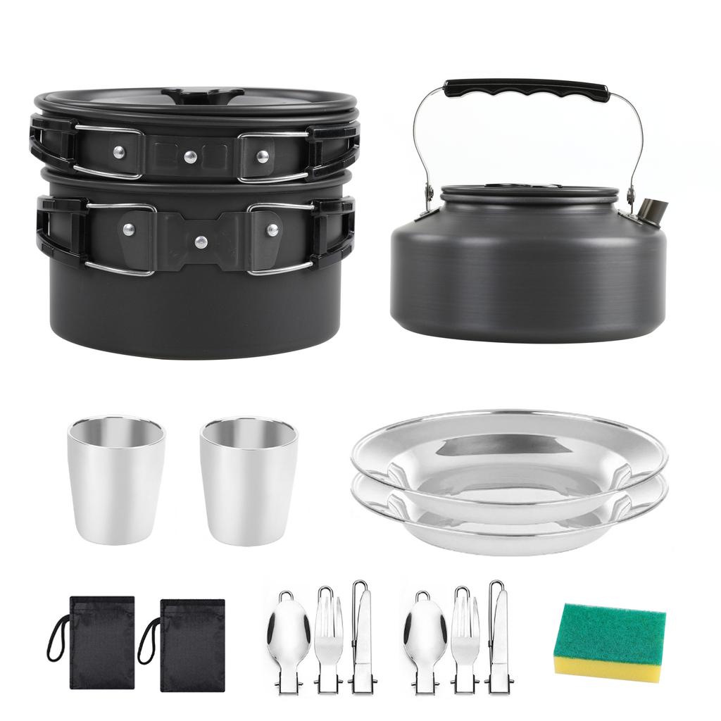 Oem Outdoor Camping Set Pot Plus Teapot Stainless Steel Cup Plate Meal Bag Set Portable Cookware