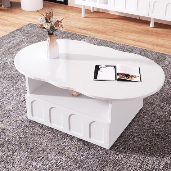 Coffee Table with Drawer Storage Compartments 2-Tiers Rounded Corner Smooth Surface Easy Assembly Cloud Shaped Coffee Table Home