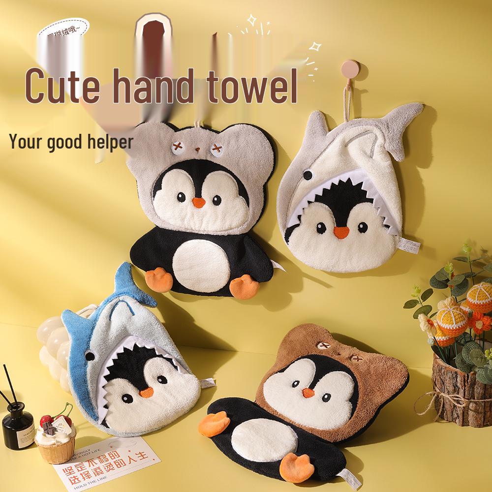 Penguin Coral Fleece Hand Towel - Extra Large & Thick, Hanging, Dual-Use, Water Absorbent, Quick-Drying, Non-Shedding