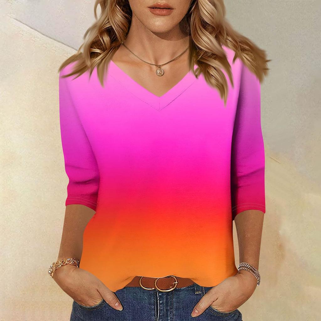 Women's Fashion Casual Three-quarter Sleeve Gradient Printed Round Neck Top