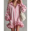 Women S Pink Striped V Neck Loose Lantern Sleeve Mini Dress