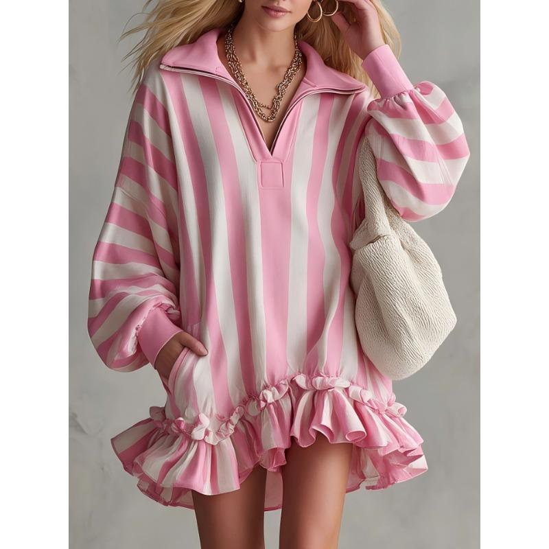 Women S Pink Striped V Neck Loose Lantern Sleeve Mini Dress