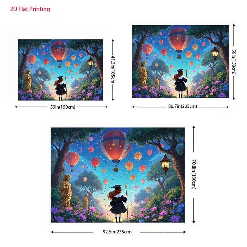 2D Magical Graduation Backdrop 2D Graduate Girl with Staff and Colorful Balloons Photo Background for Photography Decor