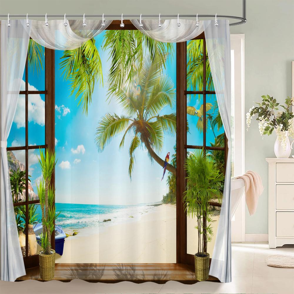 

Европейский Сад Патио Пейзаж Шторы для душа Пляжные Цветы Занавеска для ванной для ванной Полиэстер Водонепроницаемая Штора для душа W90xH180cm