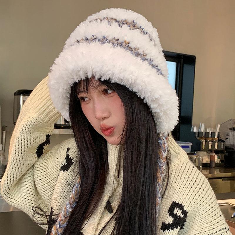 Autumn and Winter Plush Hat, Ear Protection, Headgear, Striped Color Matching Knitted Hat, Warm and Face-showing, Versatile Strap, Pullover Hat