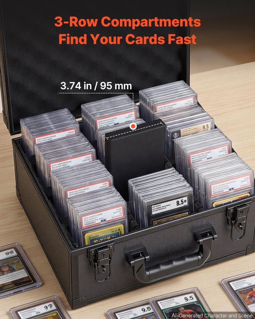 Graded Card Case 3 Row 180 PSA Slab Storage Box with Mechanical Lock, Baseball Sports Trading Cards Holder Collector with 12 Dividers, Holds 120 SGC