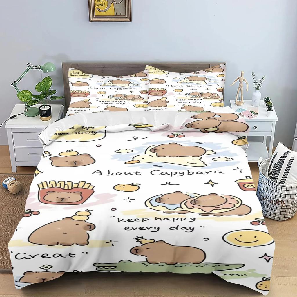 Capybaras Dynetrekk Anime Sengetøy Putetrekk Trykt Generelt Barn og Voksen Sett Queen Size Reaktivt Trykk Dyne