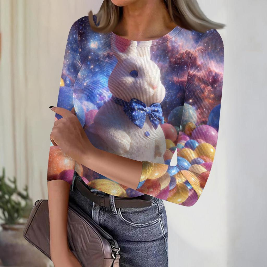 Women's Casual Fashion Round Neck Easter Print Three-Quarter Sleeve Ribbed Top