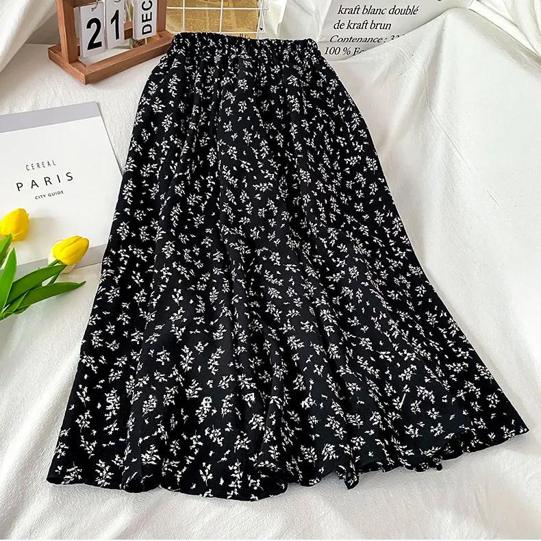 Women's Spring/Summer High Waist Retro Floral Half Length Skirt, Medium Length, Fresh and Elegant A-line Skirt