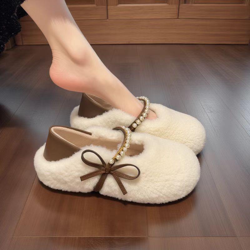 Korean Style Pearl Bow Faux Fur Loafers for Women - Autumn 2025