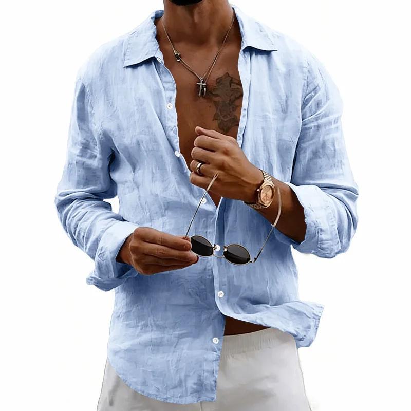 Spring Summer Men's Loose Casual Shirts Solid Color Lightweight Loose Lapel Cardigan-Style Linen Long-Sleeve Shirt