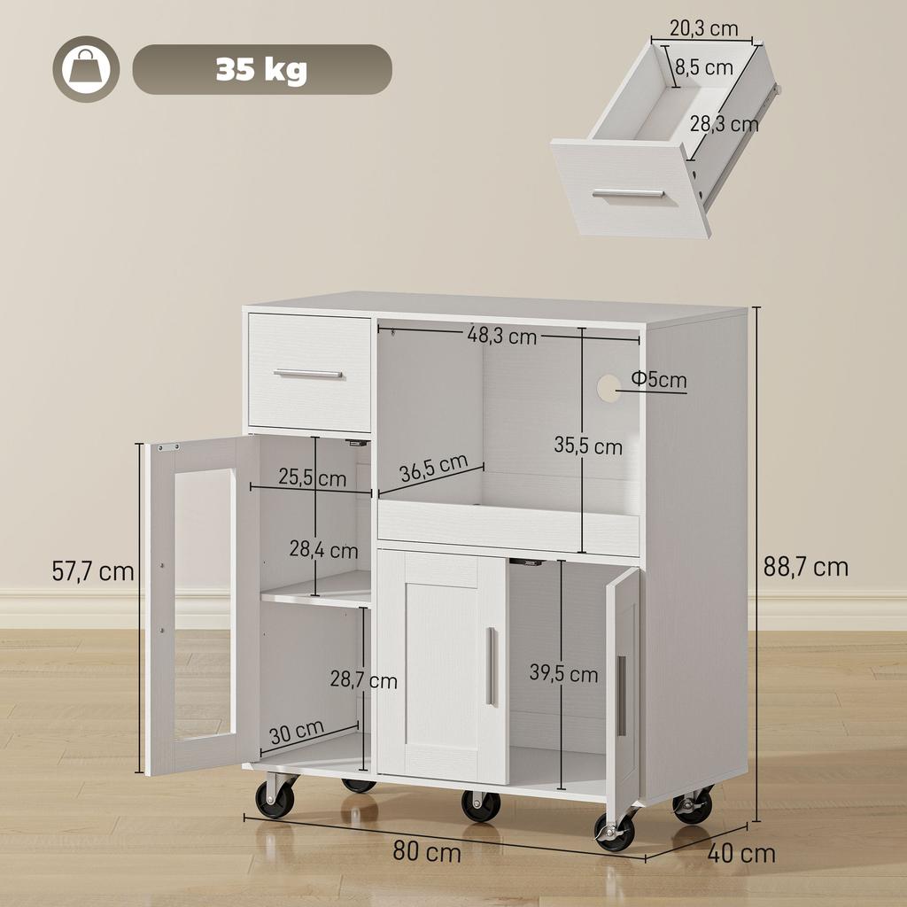 Küchenschrank auf Rädern, Mobiler Küchenschrank mit Regalen, Schubladen, Verstellbarem Regal, Kabeldurchlass, Weiß