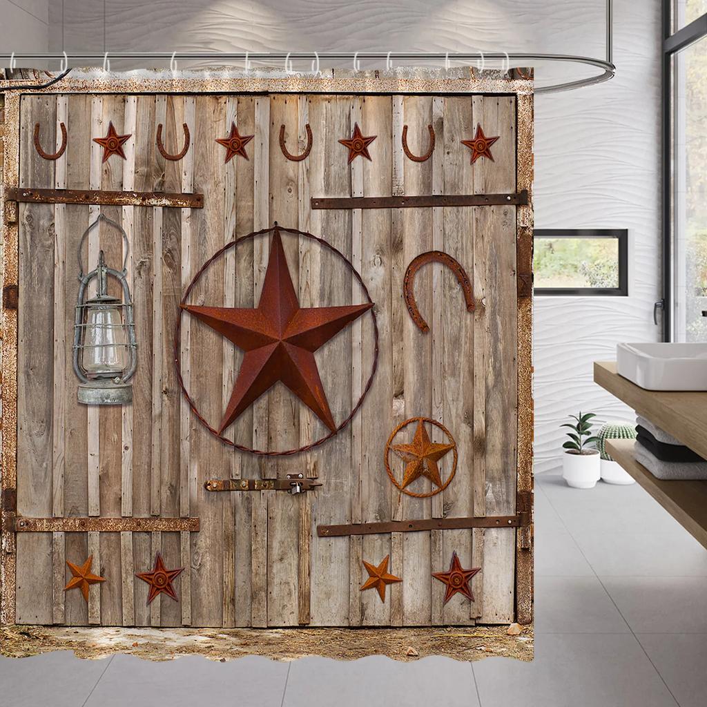Wood Door Cow Shower Curtain Farm Animal Barn Door Wooden Wheel Pumpkin Sunflower Retro Bath Curtain Bathroom Accessories Set