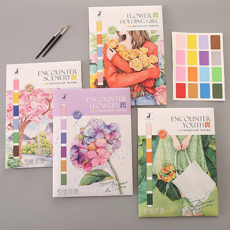 Přenosný akvarelový malířský blok 4 listy omalovánka se štětcem k malování kvašový blok dětské graffiti kreslení obrázků psací potřeby