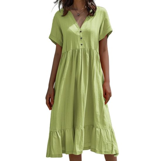 Women Summer Dress Button V Neck Short Sleeve Loose Fit Flowy Beach Sundress Ruffled A-line Swing Casual Midi Dress