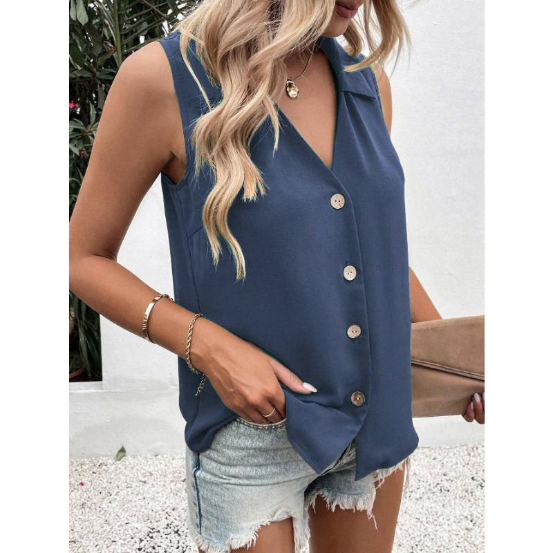 Women Summer New Style Solid Color V Neck Loose Chiffon Shirt Sleeveless Button Down Vest Blouse