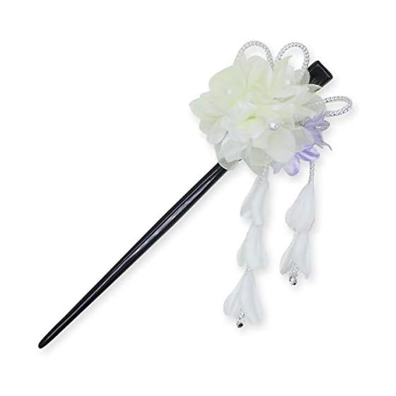 Kamakura Koge Pompon Mum Chrysanthemum Flower Hairpin with Dangling Tassel White
