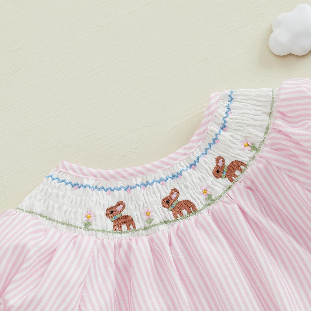 Baby Girl Easter Romper Short Sleeve Stripes Print Bunny Embroidery Loose Bodysuit Newborn Outfit