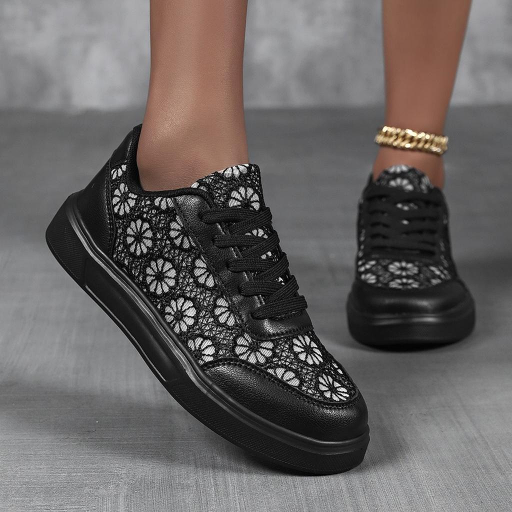 Fashion Lace White Shoes Women Hollow-out Walking Flats Breathable Mesh Casual Footwear for Jogging Traveling