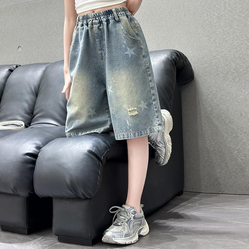 Kids Child Retro Gothic Y2K Knee Length Ripped Denim Shorts with Star Print for Teenage Girl Casual Mid-Calf Jeans Capri