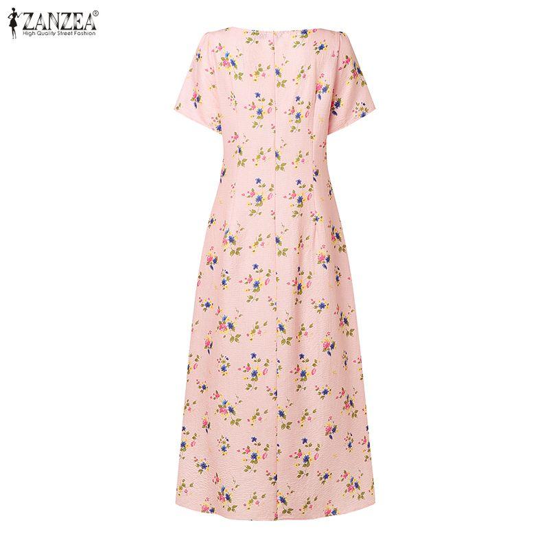ZANZEA Women Casual Round Neck Floral Print Loose Short Sleeve Dress