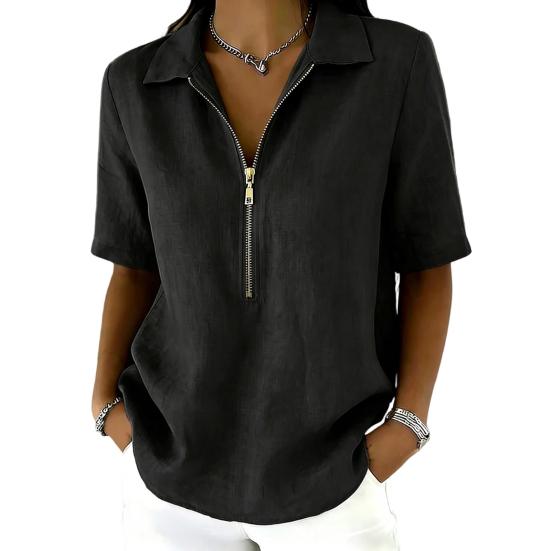 Damen Oberteile Revers Reißverschluss Halbe Knopfleiste Kurzarm Pullover Oberteile Normale Passform Einfarbige Freizeitbluse Partys Urlaube Tägliche Kleidung