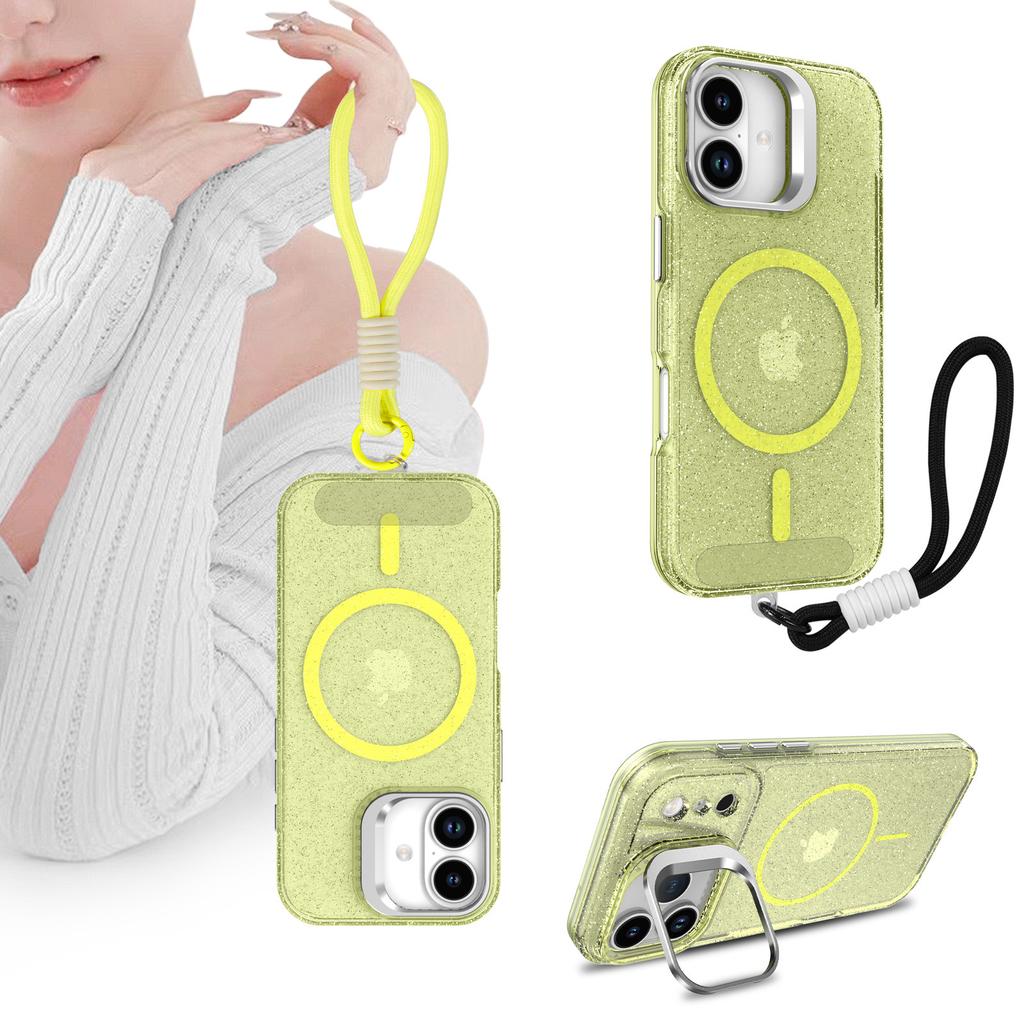 For IPhone 17 Glitter Phone Case PC Transparent Magnetic Bracket for Apple 15 Anti Drop Protective Case 13 with Hanging Rope