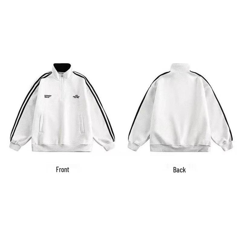 Men's Striped Heavyweight Half-Zip Hoodie, Loose Fit with Letter Embroidery and Stand-Up Collar - Versatile Autumn/Winter Sportswear Jacket