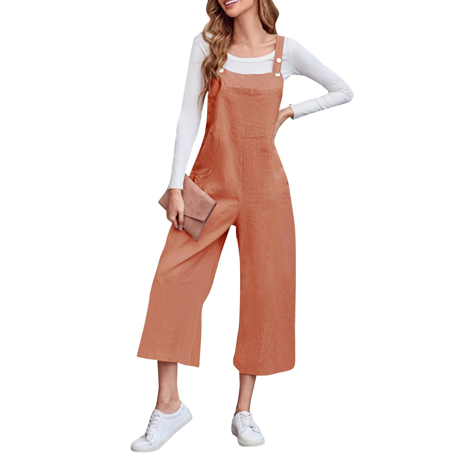 

Женский однотонный комбинезон из хлопка и льна с подтяжками и карманами на пуговицах XL