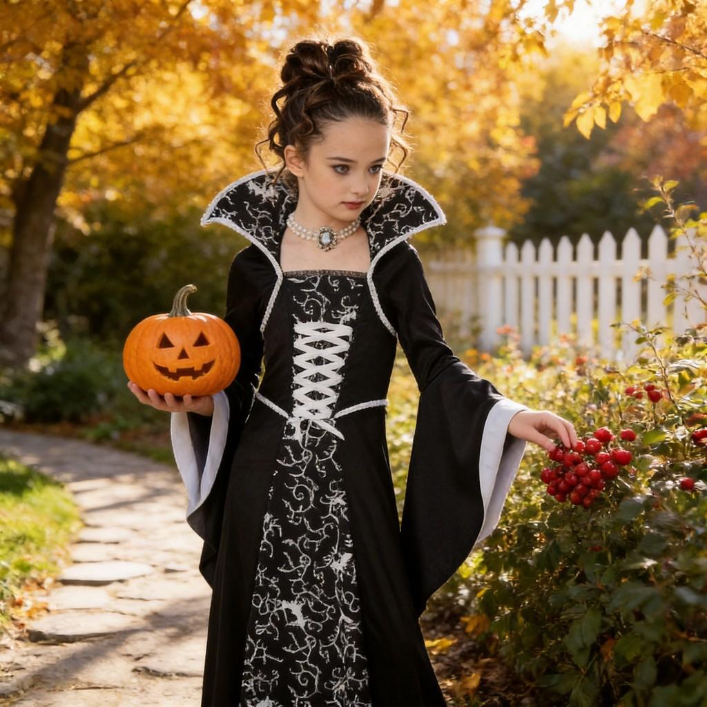 Halloween Witch Costume For Girls With Vintage Dress And Stripe Details For Kids Age 3 To 8