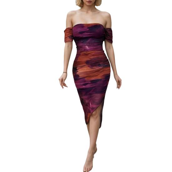 Women's Ruched Party Bodycon Midi Dress Strapless Dress Printed Backless Slit