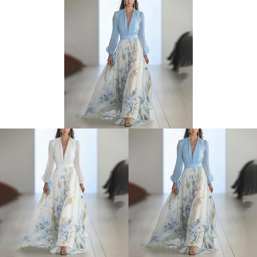 Euro Female Long Sleeve V Neck Spliced Print Chiffon Maxi Dress For Casual Streetwear