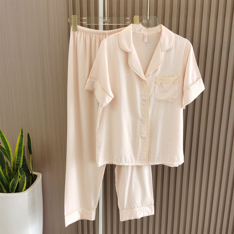 Tencel Cotton Pajamas Women's Summer Short Sleeve Trousers Homewear Summer Thin Cotton Cool Cardigan Two-Piece Suit