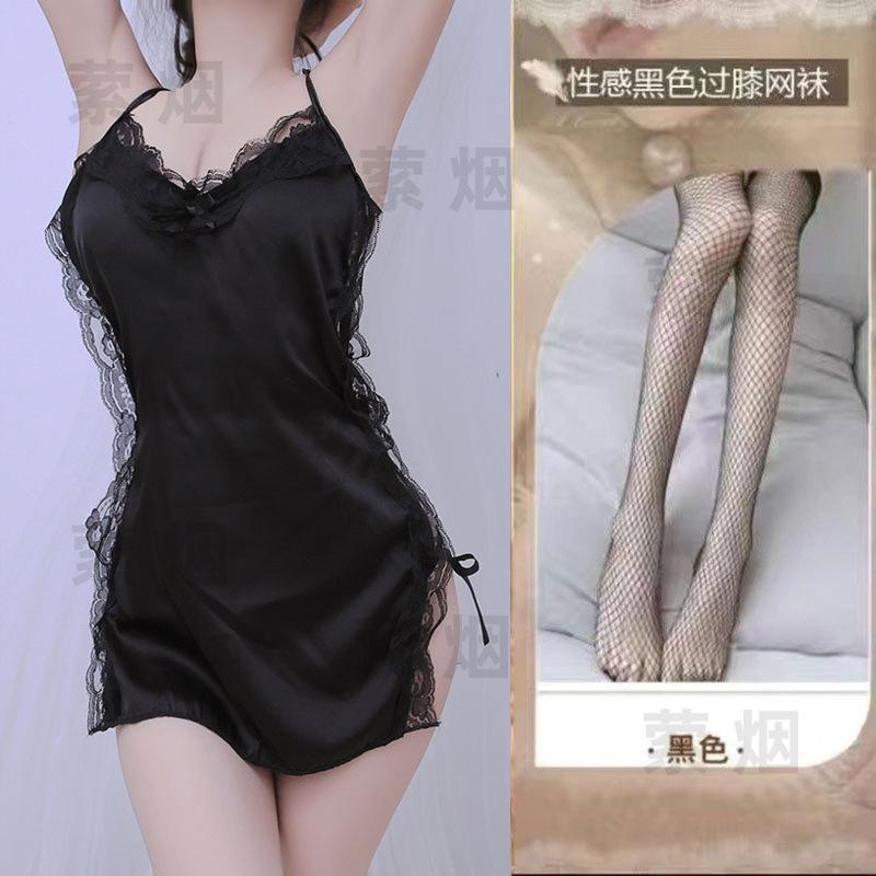 Sex underwear bed sexy temptation suspender skirt side strap satin hollow small chest nightdress
