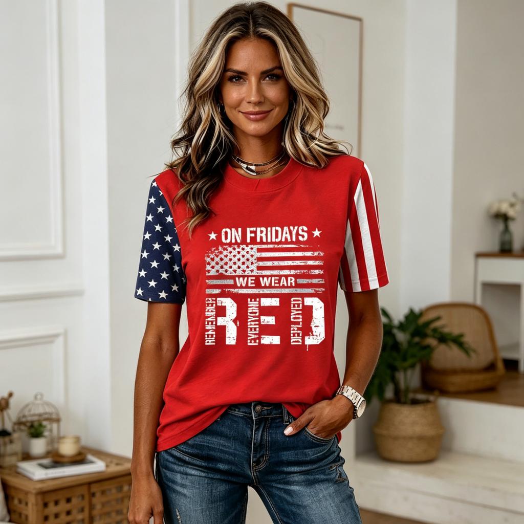 Women Casual Short Sleeve T Shirt Crew Neck Letter Print Top Stars and Stripes Sleeve Design Comfortable Fit