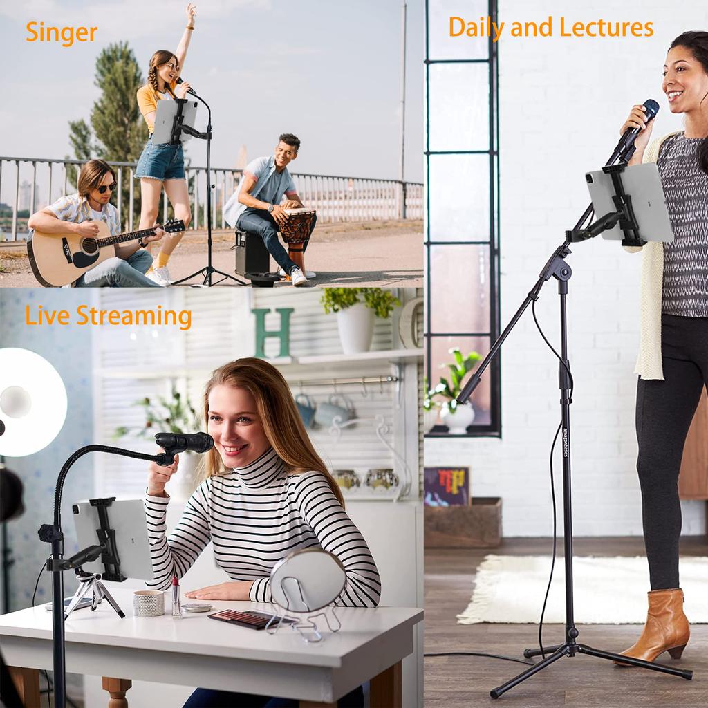 Suport Peastrex pentru Microfon iPad Telefon Muzică cu Bază Rotativă Reglabilă și Clempă Super Mâner pentru Suport iPad Pro Air inch iPhones și Tablete,