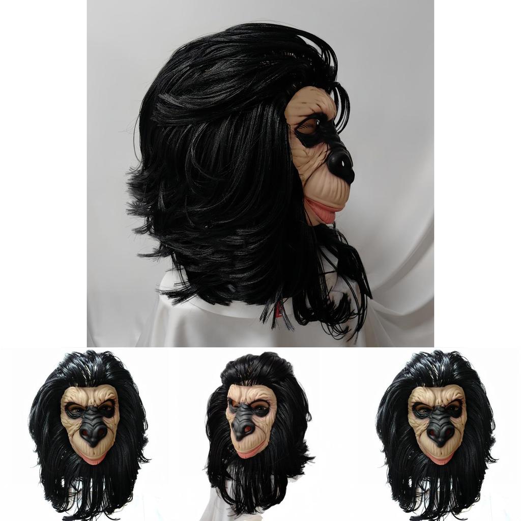 Latex Schwarzes Langes Haar Affenkopfmaske Für Halloween-Kostüme Und Party-Rollenspiel