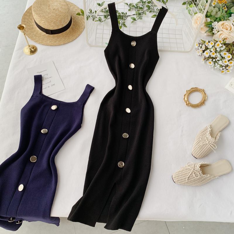 Knitted dress new summer temperament square collar slim and thin breasted sleeveless vest split bottom skirt