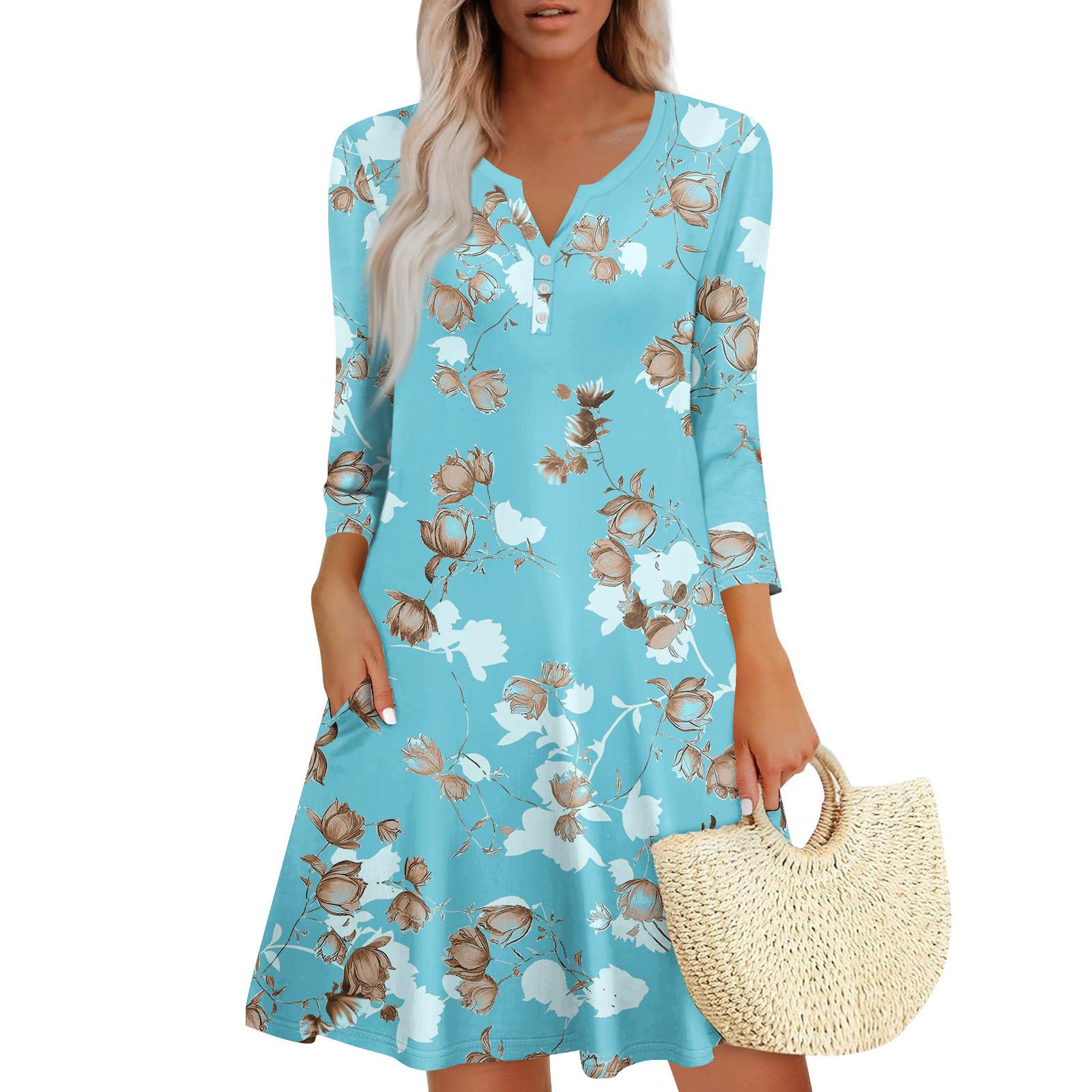 

Женское летнее платье, свободное платье с V-образным вырезом, рукавом три четверти и карманами XL небесно-голубой