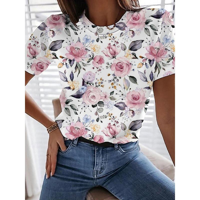 Fashion Floral Graphic Vintage 3D Print T-Shirts Women's Round Neck Short Sleeve T Shirt Tees Harajuku Y2K Tops Female Clothing