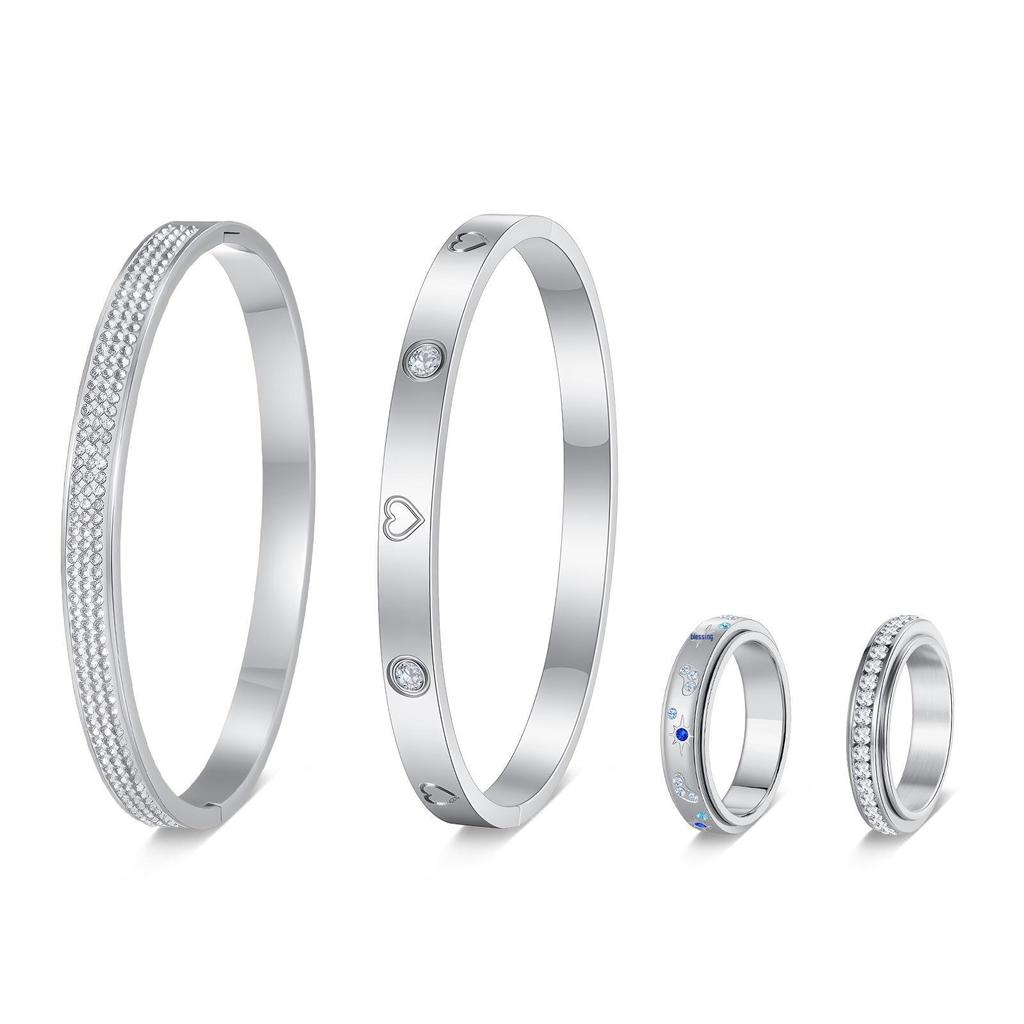 European & American Style Women's Diamond Design Stainless Steel Ring Bracelet Set - Light Luxury, Four-Piece Collection.