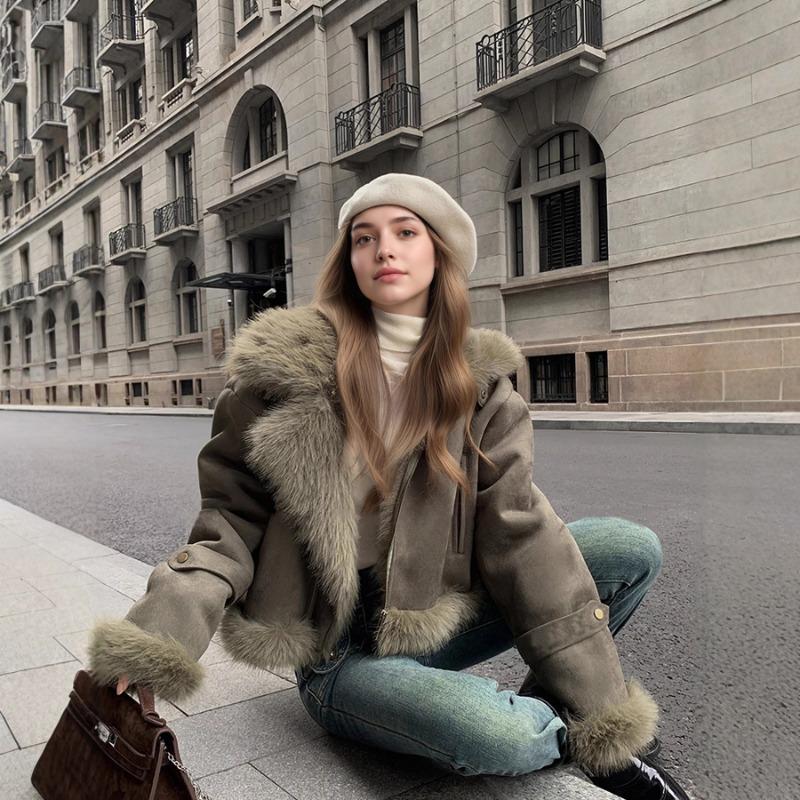 

Women s Brown Suede Faux Fur Trim Jacket Short Warm Winter Outerwear XL зелений