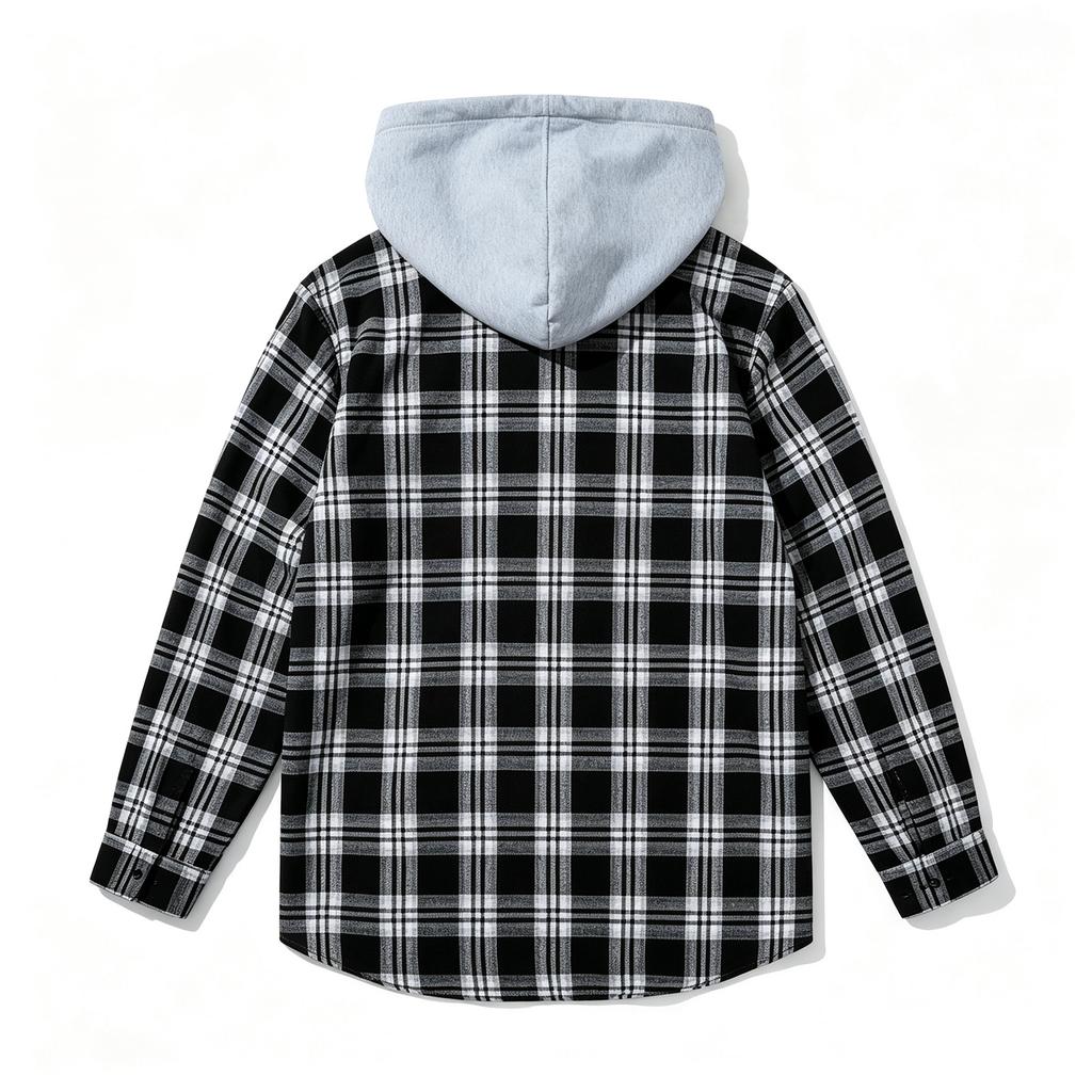 Men's Flannel Plaid Button-Up Hooded Shirt Jacket for Casual Wear