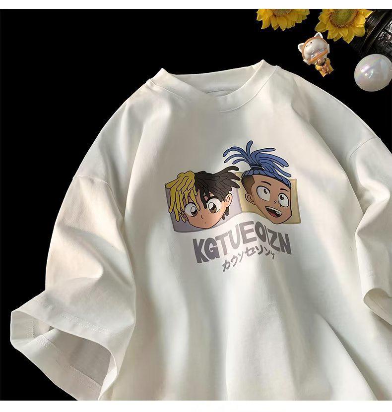 Cartoon Print Oversized Heavyweight Cotton T-Shirt - Summer Loose Fit Short Sleeve