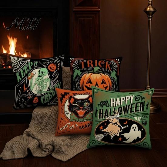 Festive Holiday Gift Ideas 4Pcs/Set Halloween Linen Cushion Covers, 18x18 Inch Retro Throw Pillow Cases, Party Decorative Accents Skeleton Pumpkin