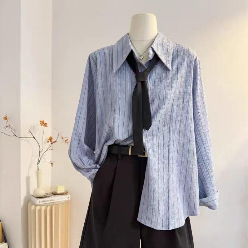 

Women s Textured Shirt Striped Turndown Collar Button Up Shirts Paired with Tie Loose Vintage Famale Long Sleeved Top XL синій
