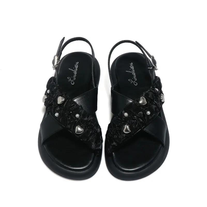 Mode Sommer 2024 Römischer Stil Damenschuhe Schuhwerk mit niedrigen Absätzen Flache Gummi Open Toe Keine Absatz Sandalen für Damen Verkauf Täglich Korea H F