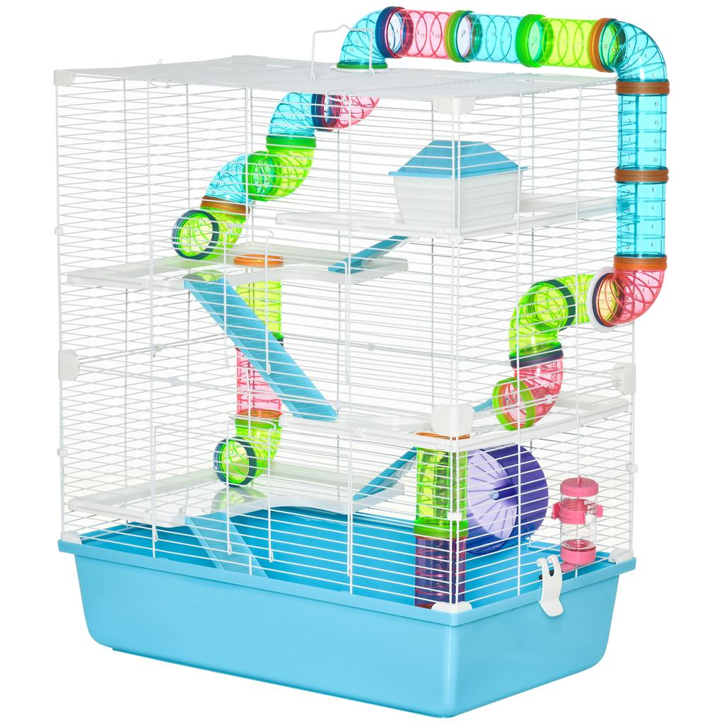 Hamster Cage w/ Water Bottle, Exercise Wheel, Tubes, Ramps - Light Blue