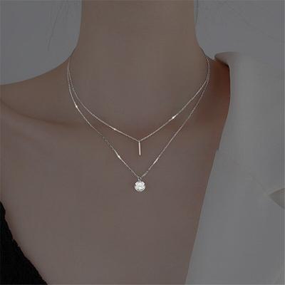 925 Sterling Silver Double Layer Link Chain Zircon Round Bead Choker Pendent Necklace for Women Wedding Jewelry Dz436