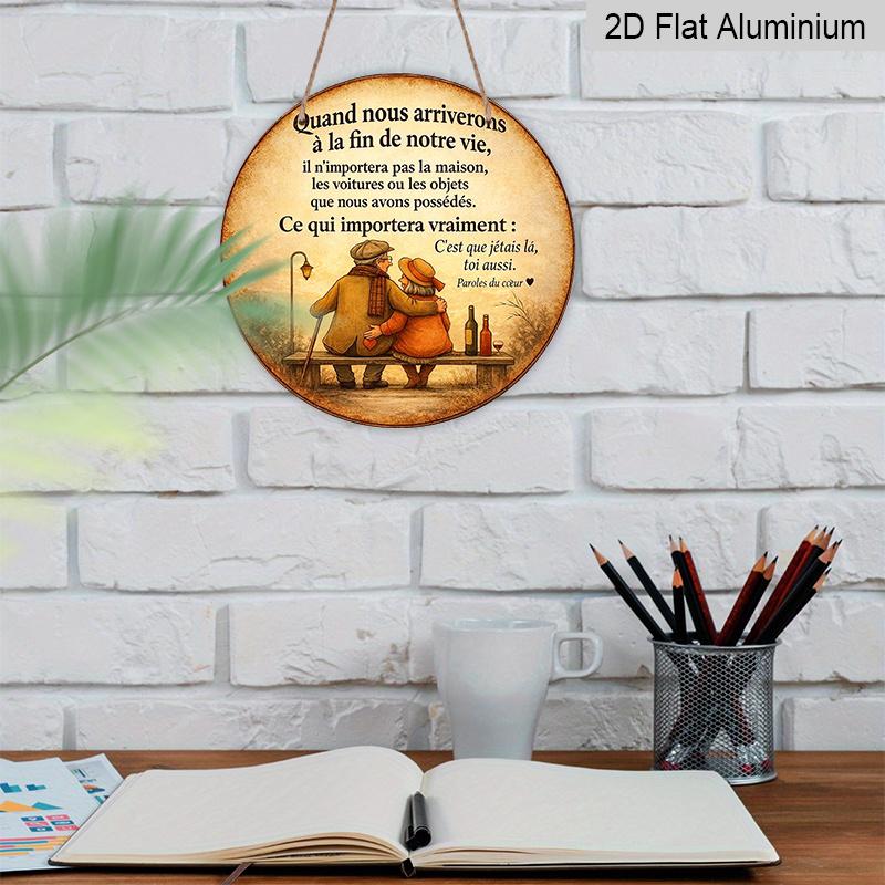 2D Flat, 1pc Round Aluminum Hanging Sign - "Quand nous arriverons a la fin de notre vie" French Old Couple Metal Wall Art, Vintage Romantic Bench